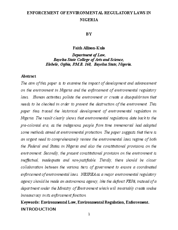 (DOC) ENFORCEMENT OF ENVIRONMENTAL REGULATORY LAWS IN NIGERIA BY