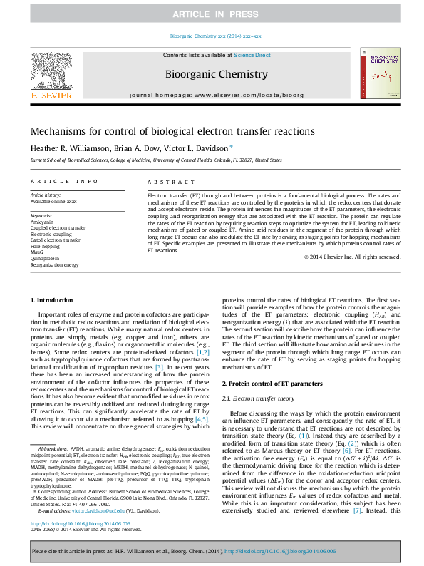 (PDF) Mechanisms for control of biological electron transfer reactions