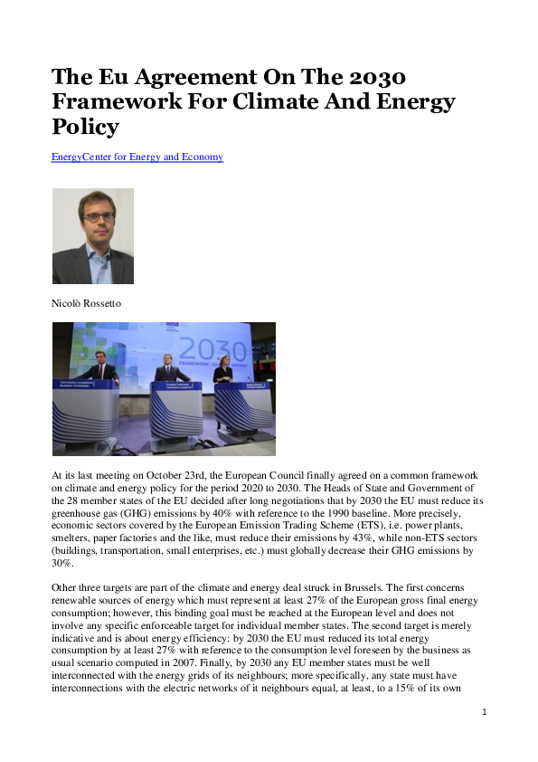 The EU Agreement on the 2030 Framework for Climate and Energy Policy