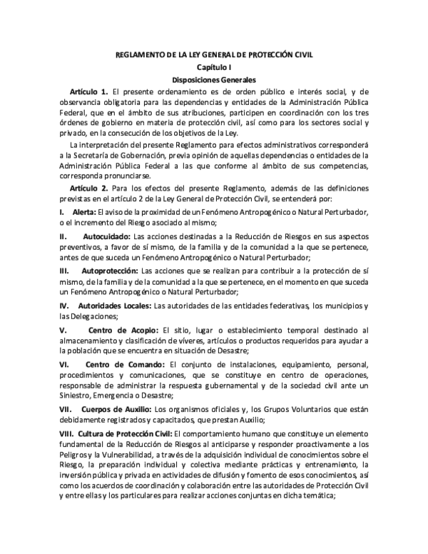 (PDF) REGLAMENTO DE LA LEY GENERAL DE PROTECCIÓN CIVIL Capítulo I (PDF) REGLAMENTO DE LA LEY GENERAL DE PROTECCIÓN CIVIL Capítulo I