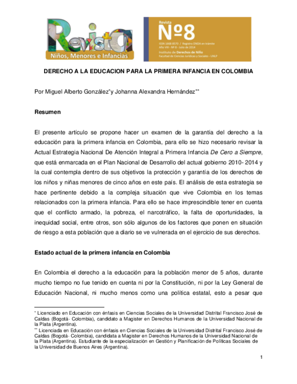 (PDF) DERECHO A LA EDUCACION PARA LA PRIMERA INFANCIA EN COLOMBIA