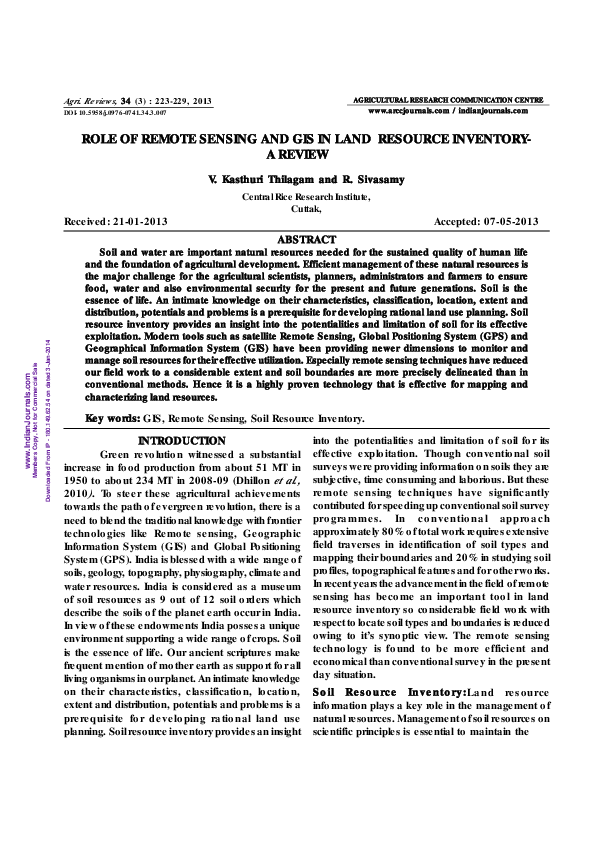 (PDF) ROLE OF REMOTE SENSING AND GIS IN LAND RESOURCE INVENTORY- A REVIEW