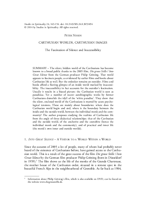Pdf Carthusian Worlds Carthusian Images The Fascination Of Silence And Inaccessibility In Studies In Spirituality 24 2014 143 154 Peter Nissen Academia Edu