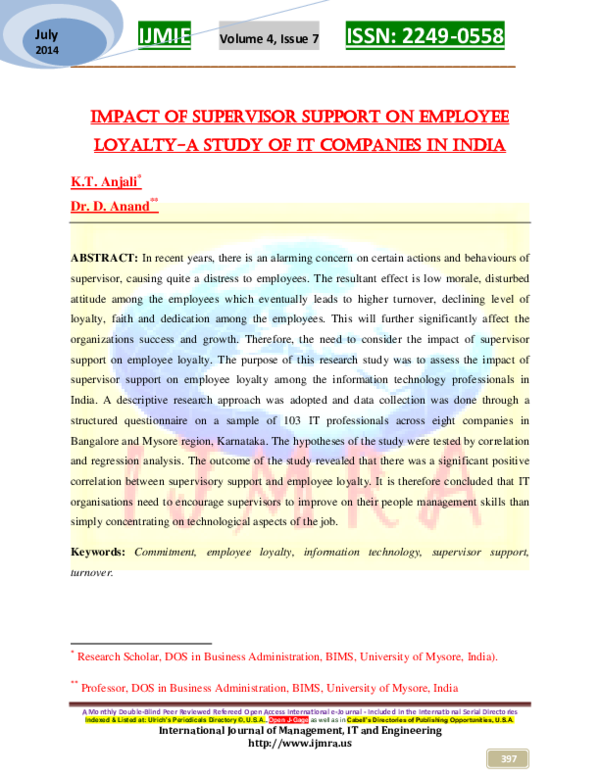 (PDF) IMPACT OF SUPERVISOR SUPPORT ON EMPLOYEE LOYALTY-A STUDY OF IT ...