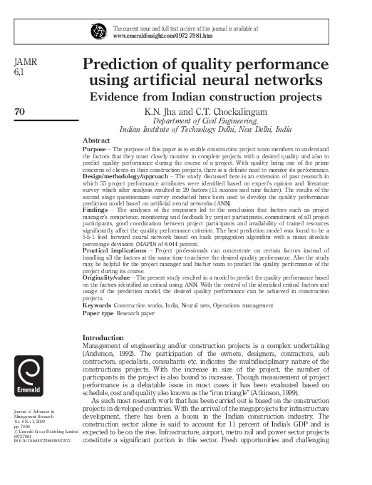 (PDF) Prediction of quality performance using artificial neural ...