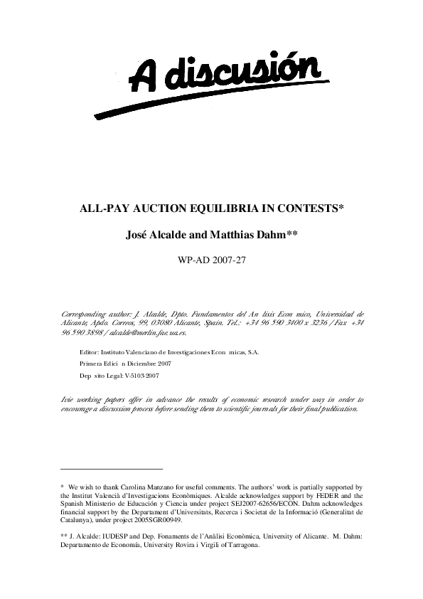 (PDF) ALLPAY AUCTION EQUILIBRIA IN CONTESTS Matthias Dahm Academia.edu