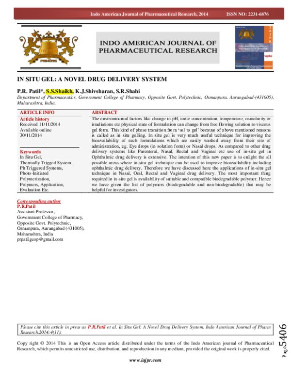 (PDF) IN SITU GEL: A NOVEL DRUG DELIVERY SYSTEM