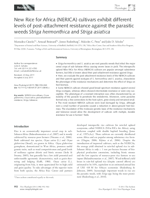 (PDF) New Rice for Africa (NERICA) cultivars exhibit different levels ...