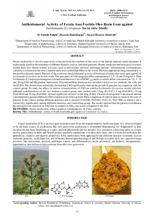 (PDF) Antileishmanial Activity of Ferula Assa Foetida Oleo Resin Gum