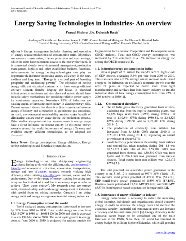 (PDF) Energy Saving Technologies in Industries- An overview