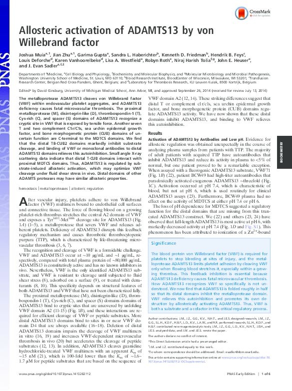 (PDF) Allosteric activation of ADAMTS13 by von Willebrand factor