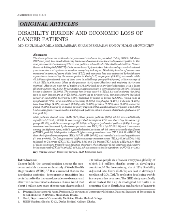 (PDF) Disability Burden and Economic Loss of Cancer Patients