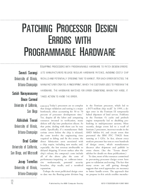 (PDF) Patching Processor Design Errors with Programmable Hardware