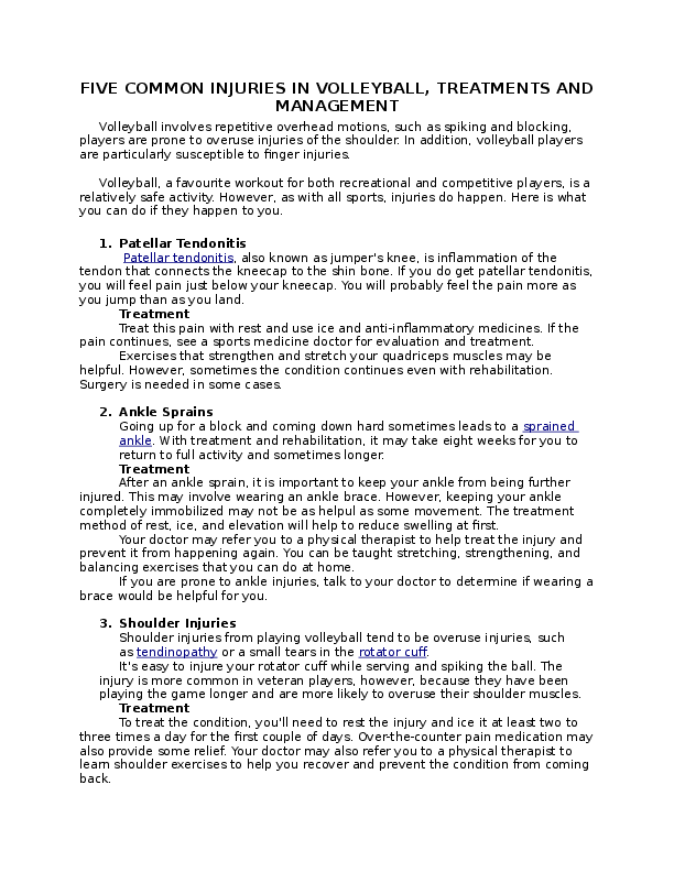 (DOC) common injuries in volleyball, treatment and management and