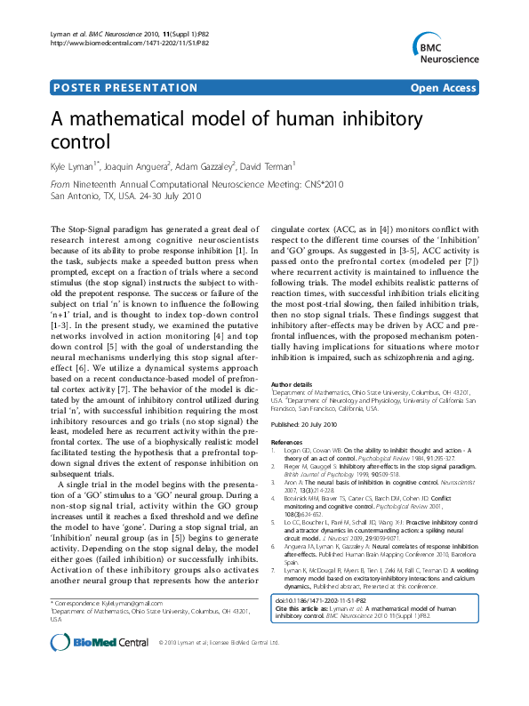 (PDF) A mathematical model of human inhibitory control Joaquin