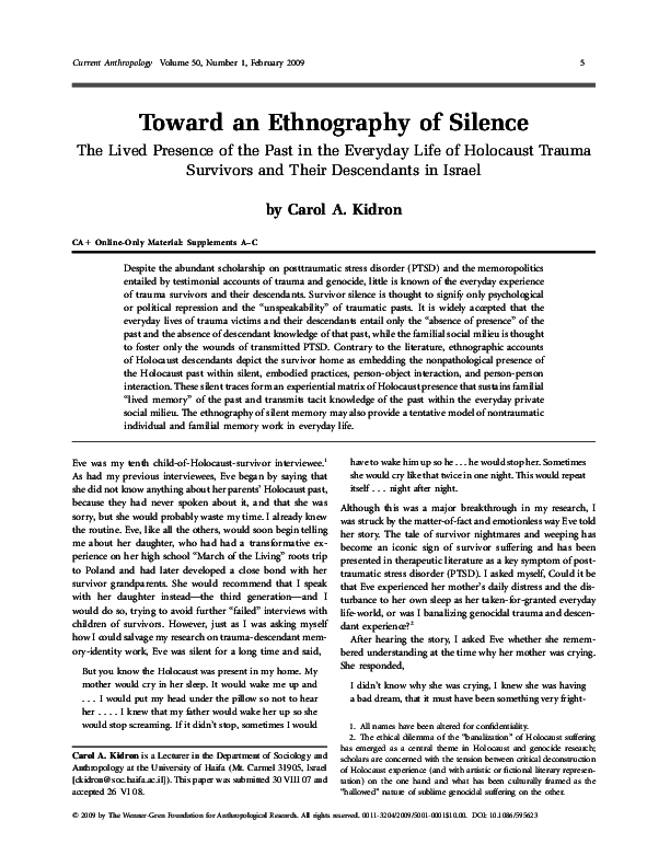 Pdf Toward An Ethnography Of Silence The Lived Presence Of The Past In The Everyday Life Of Holocaust Trauma Survivors And Their Descendants In Israel Carol Kidron Academia Edu