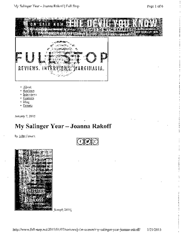 (PDF) Untitled Review of Joanna Rakoff's My Salinger Year