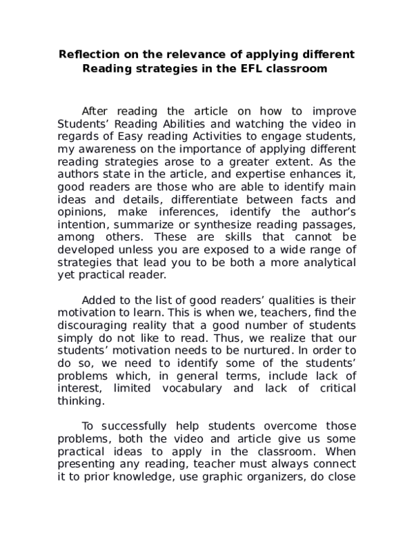 (DOC) Reflection on the relevance of applying different Reading