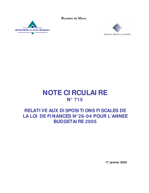 (PDF) NOTE CIRCULAIRE N° 715 RELATIVE AUX DISPOSITIONS FISCALES DE LA ...