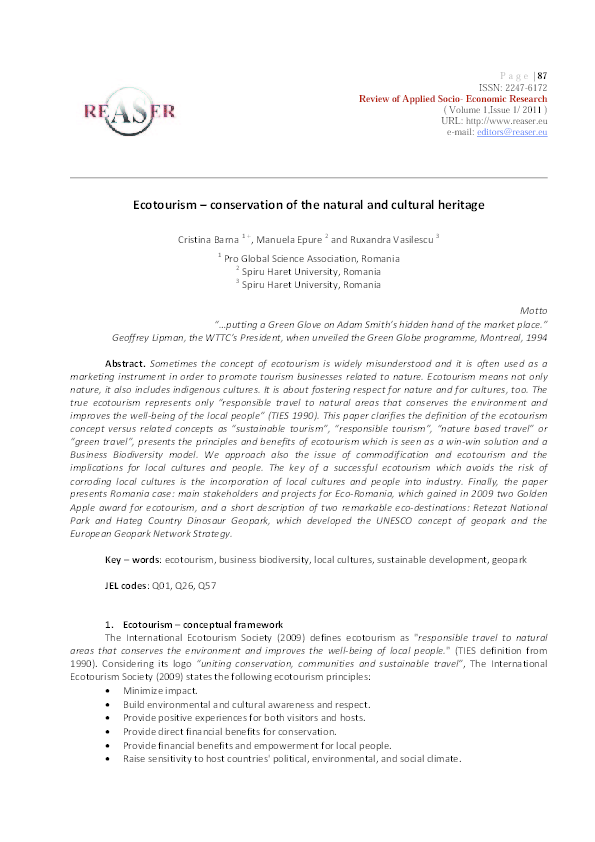 (PDF) Ecotourism – conservation of the natural and cultural heritage