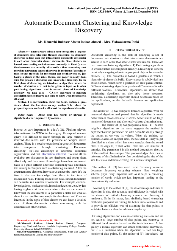 (PDF) Automatic Document Clustering and Knowledge Discovery