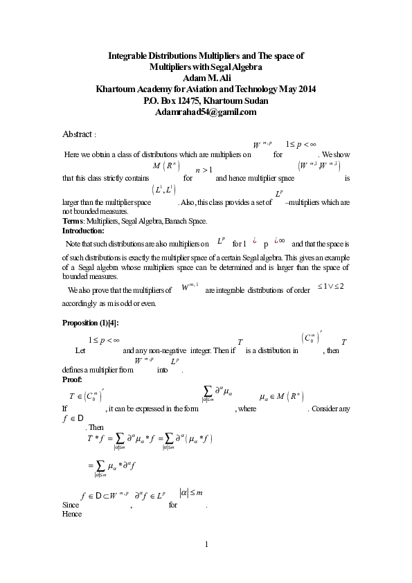 (DOC) Integrable Distributions Multipliers and The space of Multipliers ...