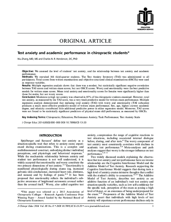 (PDF) Test anxiety and academic performance in chiropractic students
