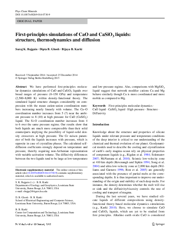 (PDF) First‑principles simulations of CaO and CaSiO3 liquids: structure ...