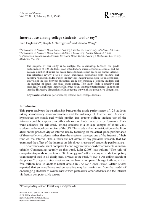 (PDF) Internet use among college students: tool or toy