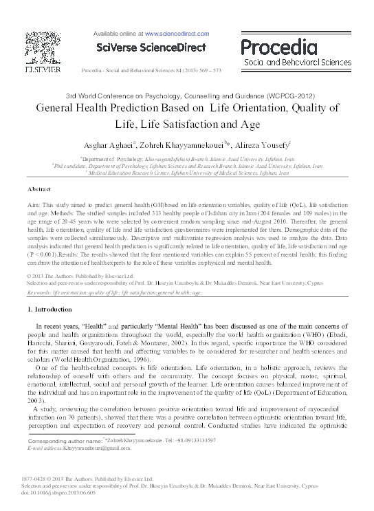 (PDF) General Health Prediction Based on Life Orientation, Quality of ...