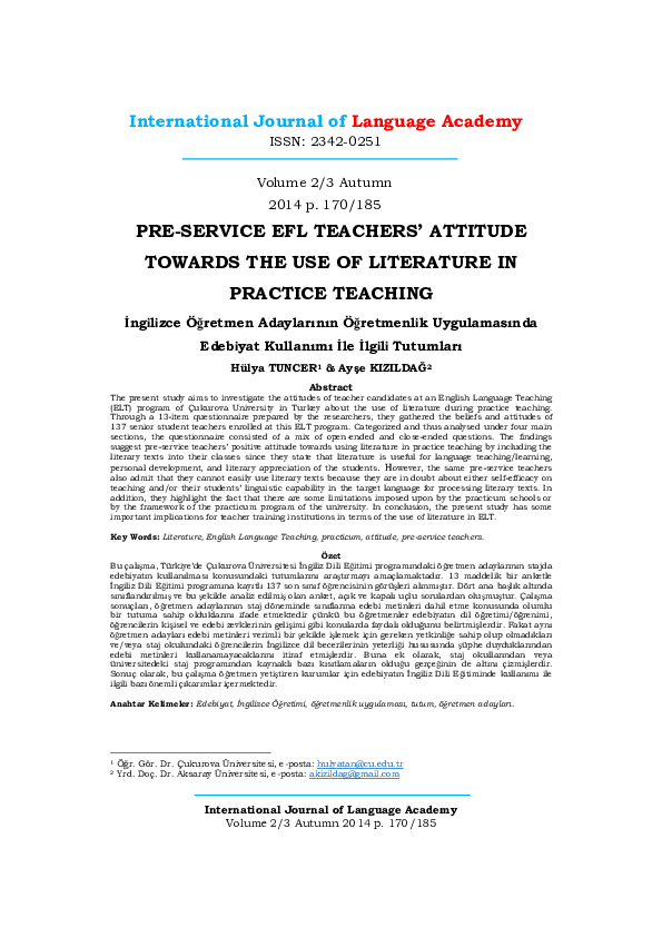 (PDF) PRE-SERVICE EFL TEACHERS’ ATTITUDE TOWARDS THE USE OF LITERATURE ...