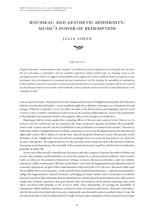 (PDF) ROUSSEAU AND AESTHETIC MODERNITY: MUSIC’S POWER OF REDEMPTION