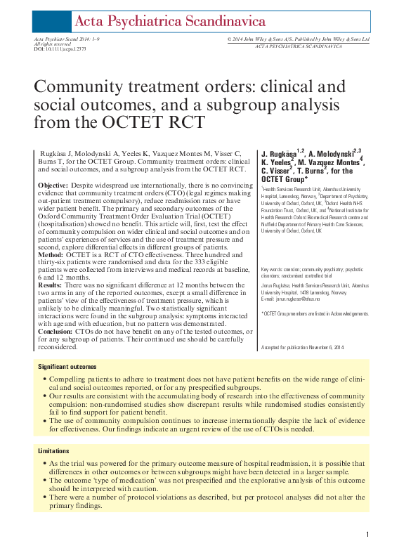 (PDF) Community treatment orders: clinical and social outcomes, and a ...