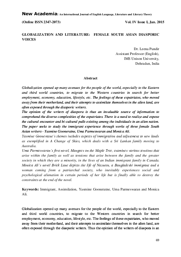 (PDF) Globalization and Literature: Female South Asian Diasporic Voices