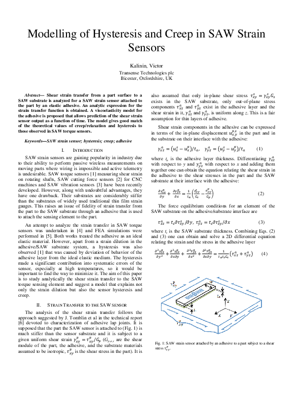 (PDF) Modelling of Hysteresis and Creep in SAW Strain Sensors