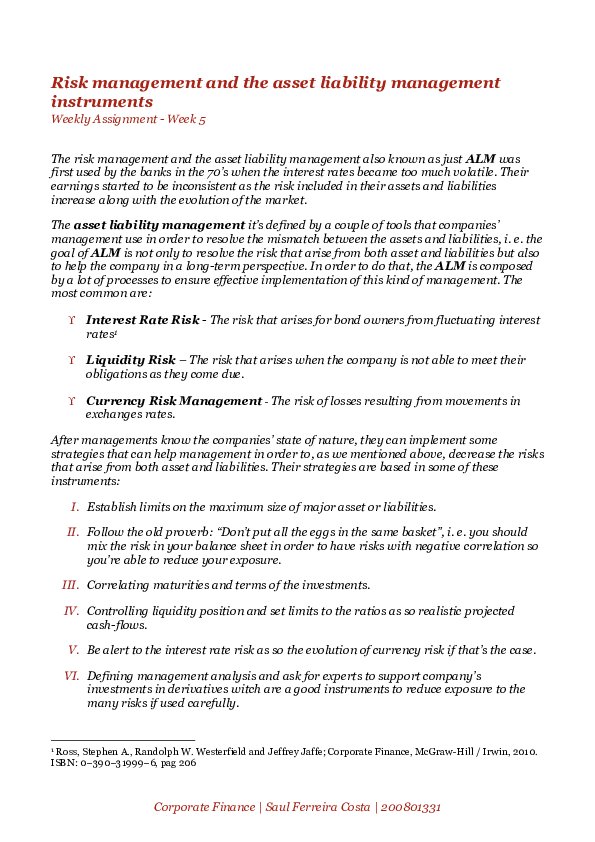 (PDF) Risk management and the asset liability management instruments