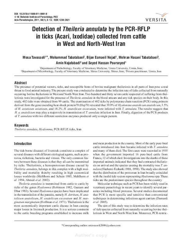 (PDF) Detection of Theileria annulata by the PCR-RFLP in ticks (Acari ...
