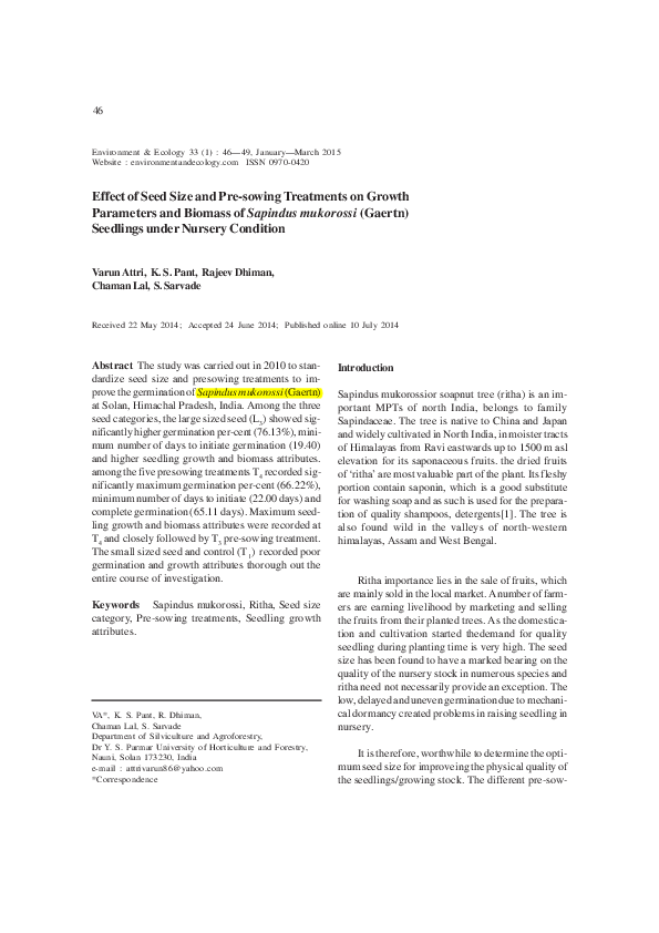 (PDF) Effect of Seed Size and Pre-sowing Treatments on Growth ...