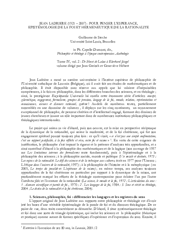 (PDF) Jean Ladrière (19212007) pour penser l'espérance. Epistémologie