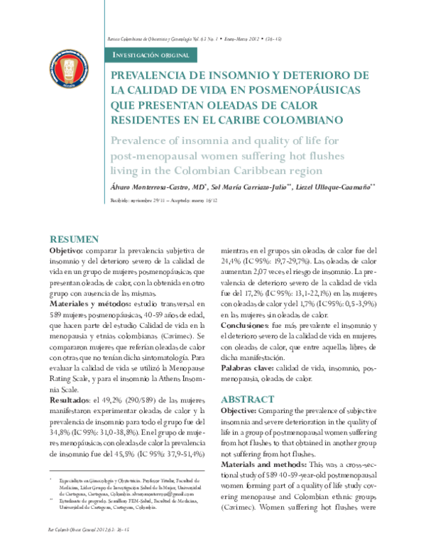 (PDF) Prevalence of insomnia and quality of life for postmenopausal