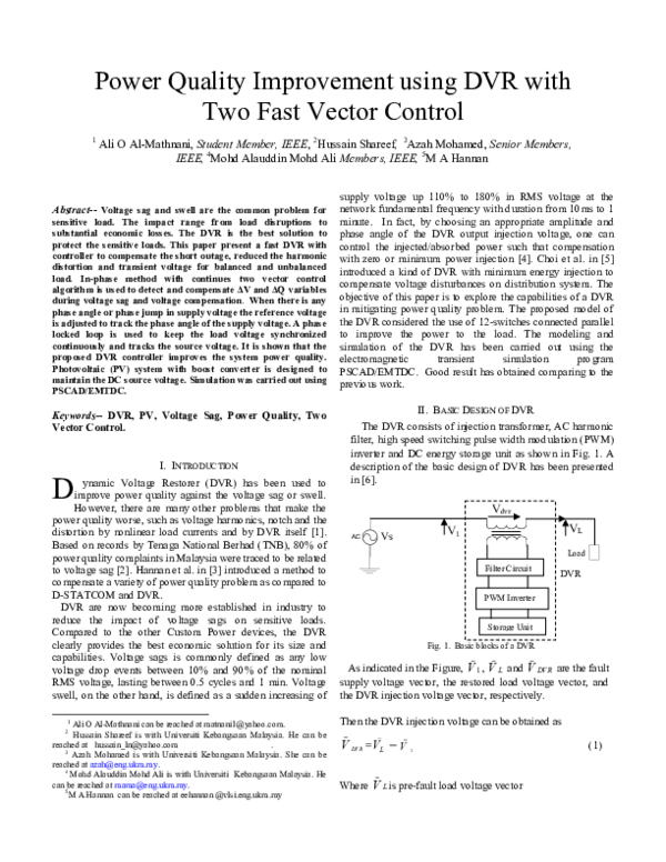 (PDF) Power Quality Improvement using DVR with Two Fast Vector Control