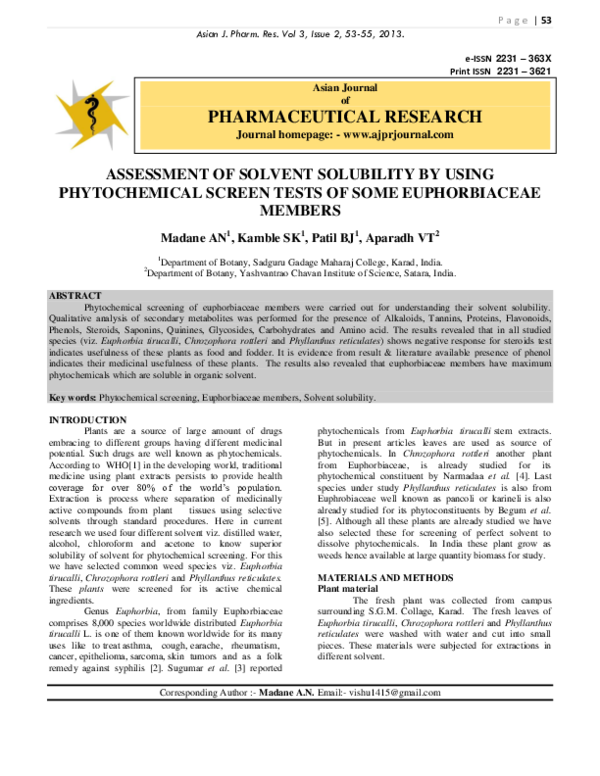 (PDF) ASSESSMENT OF SOLVENT SOLUBILITY BY USING PHYTOCHEMICAL SCREEN ...
