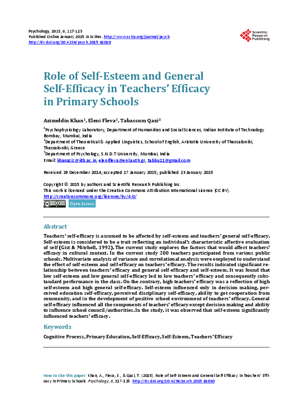 (PDF) Role of Self esteem and general self efficacy in teacher