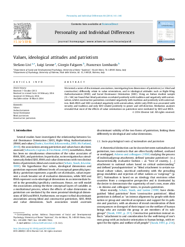 (PDF) Values, ideological attitudes and patriotism