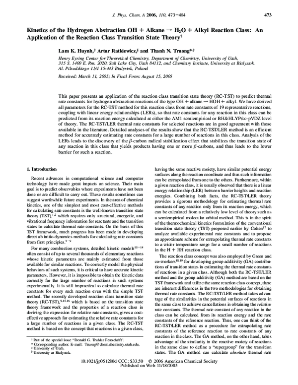 (PDF) Kinetics of the Hydrogen Abstraction OH + Alkane → H 2 O + Alkyl ...