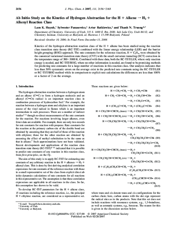 (PDF) Ab Initio Study on the Kinetics of Hydrogen Abstraction for the H ...