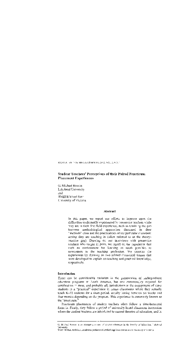 (PDF) Student teachers’ perceptions of their paired practicum placement ...