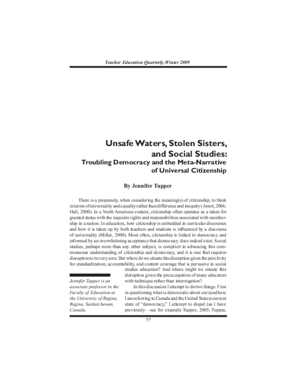 Unsafe Waters, Stolen Sisters, and Social Studies: Troubling Democracy ...
