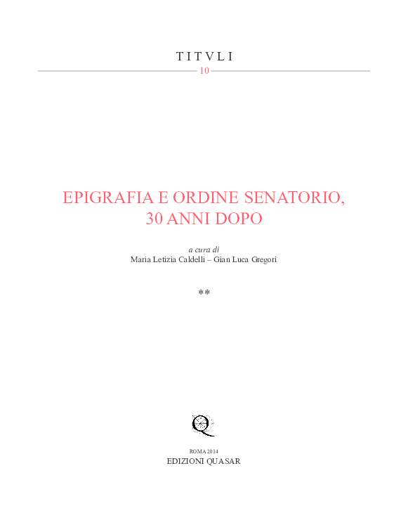 FILIPPINI 2014: Su alcuni proconsoli d'Asia all'epoca di Marco Aurelio (168-173): Kaisergeschichte e Kirchengeschichte tra fonti letterarie ed epigrafiche