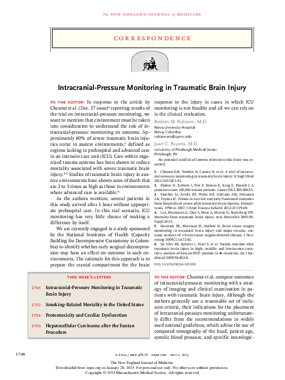 (PDF) Intracranial-Pressure Monitoring in Traumatic Brain Injury